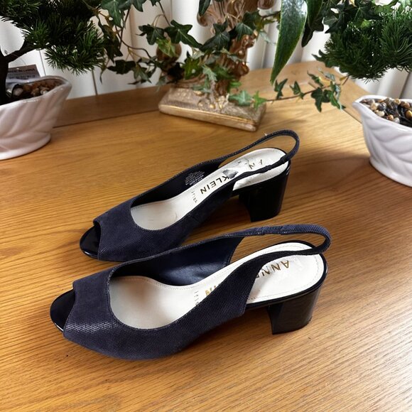 Anne Klein Size 10M Iflex Leather Upper Navy Peep Toe Slingback Heels - Picture 5 of 12